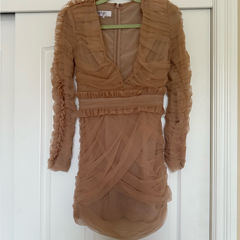 House of CB Tan Long Sleeve Ruffled Dress